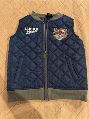 Lucky Brand Navy Quilted Vest with Tiger Patch